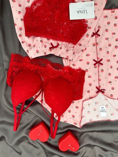 Pembe Çilek Desenli 4lü Crop Şortlu Pijama Takımı