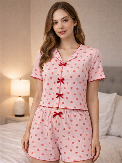 Pembe Çilek Fiyonk Detaylı Crop Şortlu Pijama Takımı