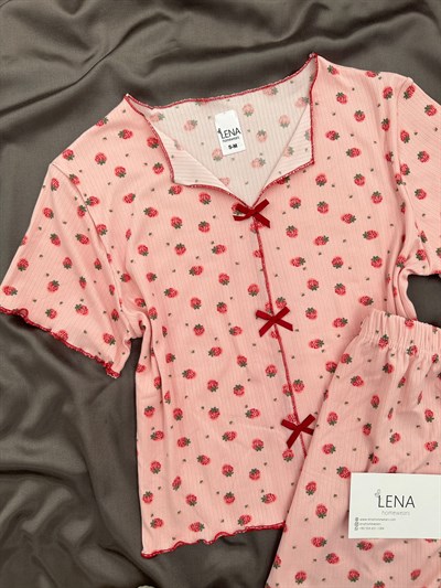 Pembe Çilek Fiyonk Detaylı Crop Şortlu Pijama Takımı