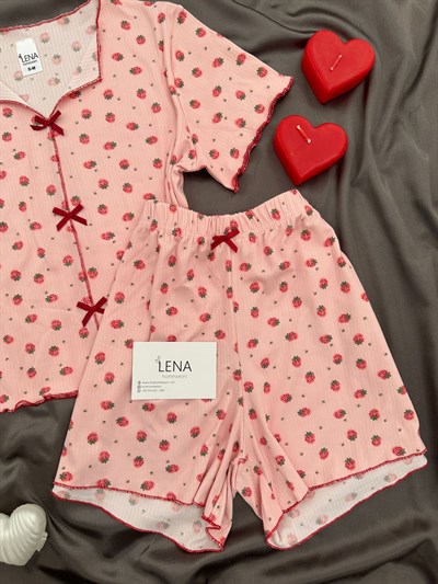 Pembe Çilek Fiyonk Detaylı Crop Şortlu Pijama Takımı