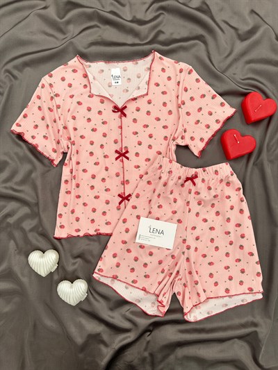 Pembe Çilek Fiyonk Detaylı Crop Şortlu Pijama Takımı