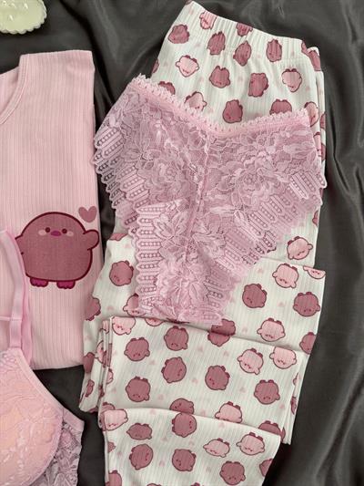 Pembe Civciv Desenli Dörtlü Pijama Seti