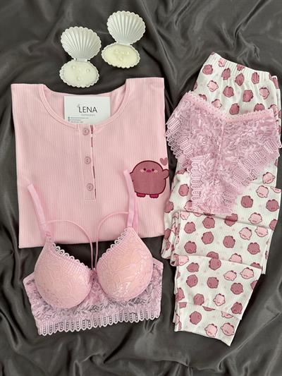 Pembe Civciv Desenli Dörtlü Pijama Seti