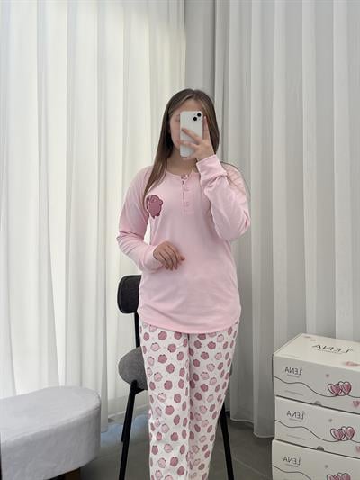 Pembe Civciv Desenli Patlı Uzun Kollu Pijama Takımı