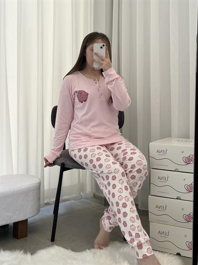 Pembe Civciv Desenli Patlı Uzun Kollu Pijama Takımı