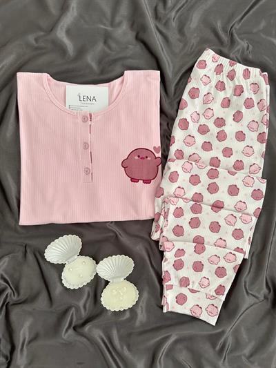 Pembe Civciv Desenli Patlı Uzun Kollu Pijama Takımı