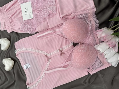 Dantella Pembe Dörtlü Pijama & İç Çamaşırı Seti