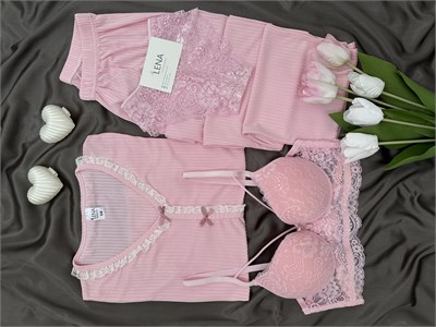 Dantella Pembe Dörtlü Pijama & İç Çamaşırı Seti
