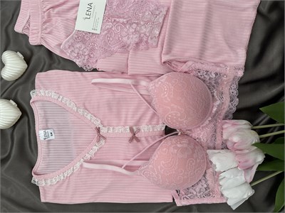 Dantella Pembe Dörtlü Pijama & İç Çamaşırı Seti