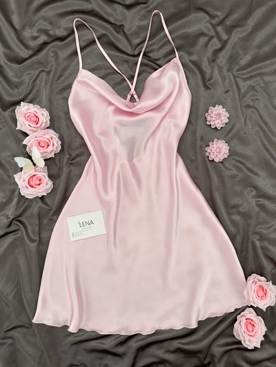 Pembe Degaje Yaka Saten Gecelik