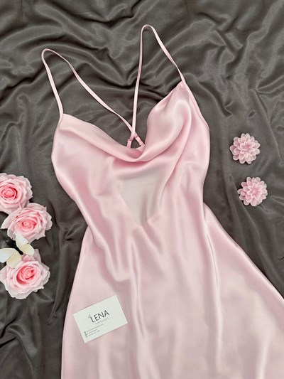 Pembe Degaje Yaka Saten Gecelik
