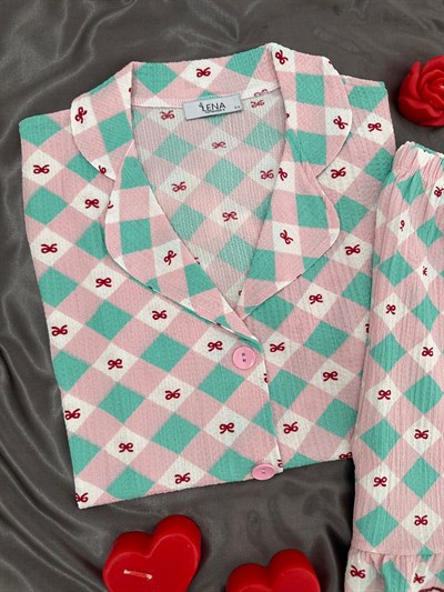 Kadın Fiyonk Ekose Bürümcük Şortlu Pijama Takımı