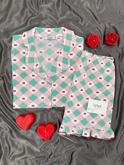 Kadın Fiyonk Ekose Bürümcük Şortlu Pijama Takımı