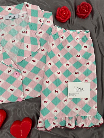 Kadın Fiyonk Ekose Bürümcük Şortlu Pijama Takımı