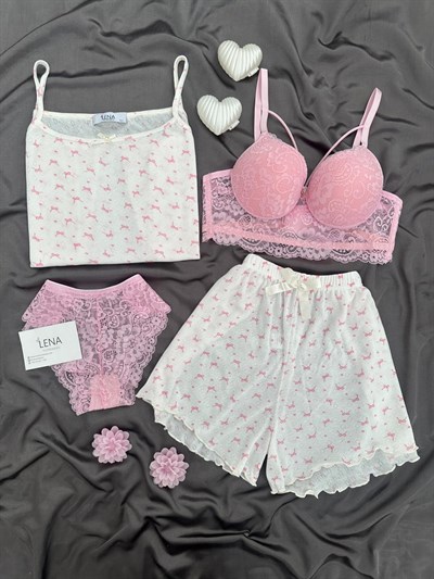 Pembe Fiyonk 4lü Şortlu Pijama Takımı
