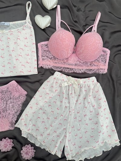 Pembe Fiyonk 4lü Şortlu Pijama Takımı