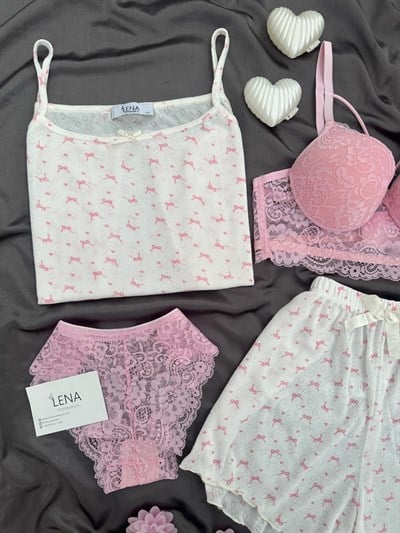 Pembe Fiyonk 4lü Şortlu Pijama Takımı