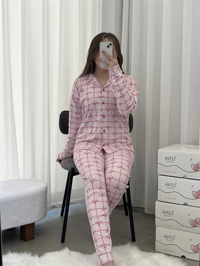 Pembe Fiyonk Desenli Boydan Düğmeli Pijama Takımı