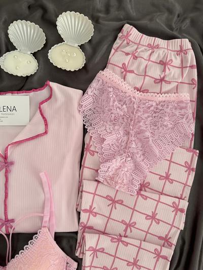 Pembe Fiyonk Desenli Dörtlü Pijama Seti
