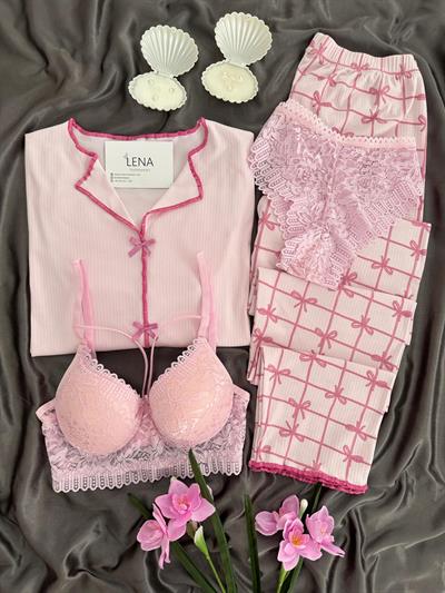 Pembe Fiyonk Desenli Dörtlü Pijama Seti