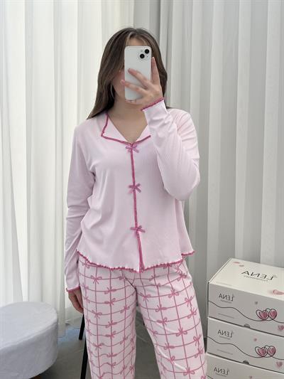 Pembe Fiyonk Desenli Fiyonk Detaylı Pijama Takımı