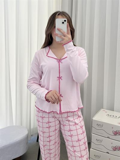 Pembe Fiyonk Desenli Fiyonk Detaylı Pijama Takımı