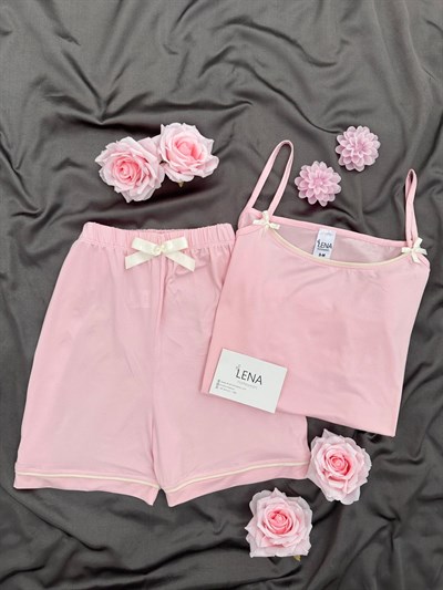 Pembe Fiyonk Detaylı Şortlu Pijama Takımı