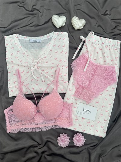 Pembe Fiyonk Dörtlü Pijama Takımı