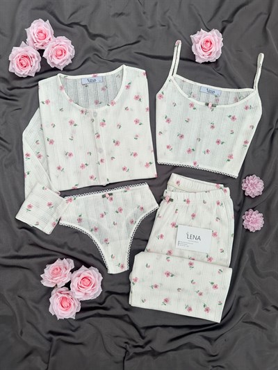 Pembe Gül 4lü Pamuk Pijama Takım