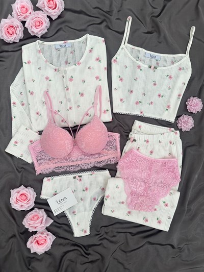 Pembe Gül 6lı %100 Pamuk Pijama Takımı