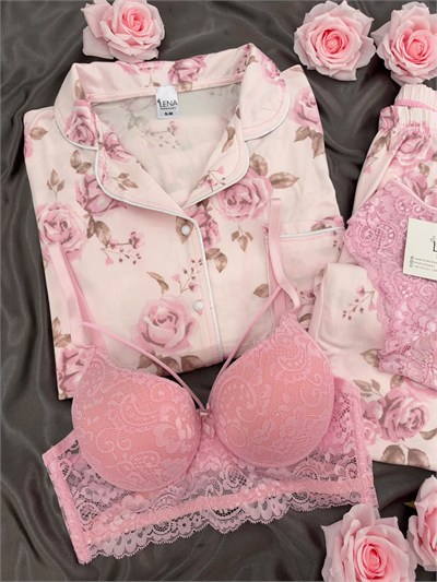 Pembe Gül Desenli Pudra Milan Uzun Kollu 4lü Pijama Takımı