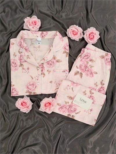 Pembe Gül Desenli Pudra Milan Uzun Kollu Pijama Takımı