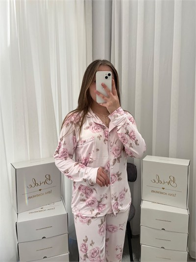 Pembe Gül Desenli Pudra Milan Uzun Kollu 4lü Pijama Takımı