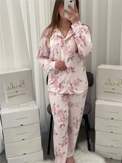 Pembe Gül Desenli Pudra Milan Uzun Kollu Pijama Takımı