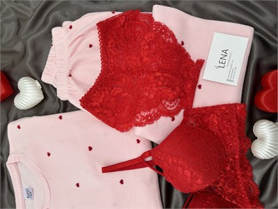 Pembe Kalp Desenli 4lü Waffle Pijama Takımı