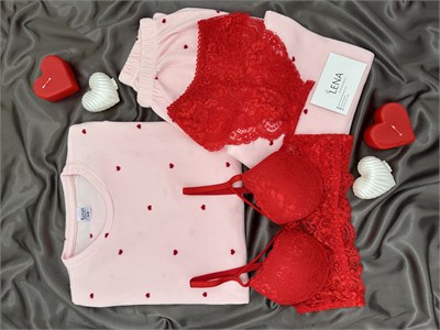 Pembe Kalp Desenli 4lü Waffle Pijama Takımı