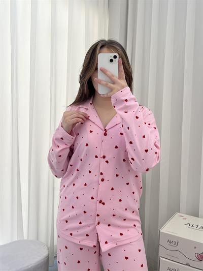 Pembe Kalp Desenli Düğmeli Termosoft Pijama Takımı