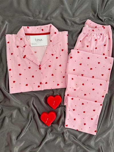 Pembe Kalp Desenli Düğmeli Termosoft Pijama Takımı