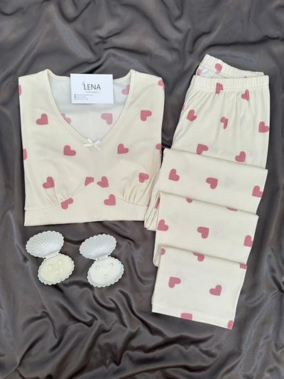 Pembe Kalp Desenli Ekru Berlin Pijama Takımı