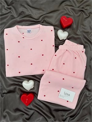 Pembe Kalp Desenli Waffle Pijama Takımı