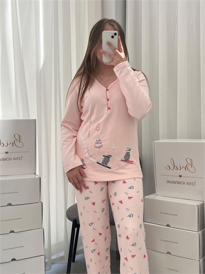 Pembe Kayak Desenli Patlı Waffle Pijama Takımı