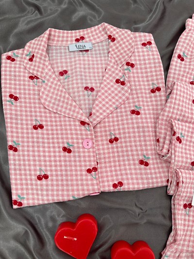 Pembe Kiraz Bürümcük Pijama Takımı