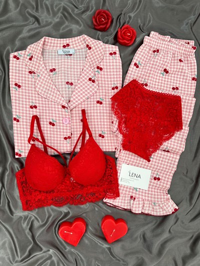 Pembe Kiraz Dörtlü Pijama Takımı 