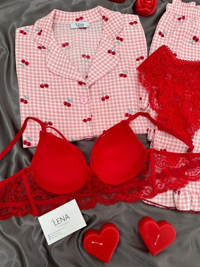 Pembe Kiraz Dörtlü Pijama Takımı 