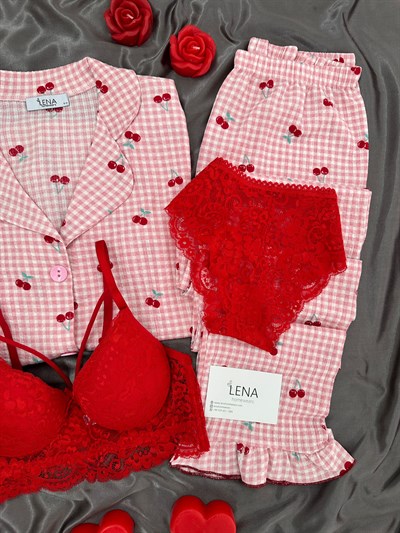 Pembe Kiraz Dörtlü Pijama Takımı 