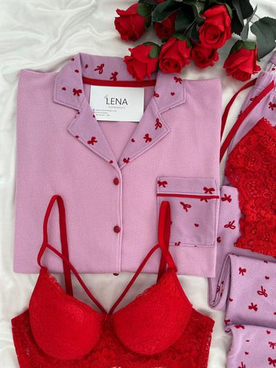 Pembe-Kırmızı Fiyonklu Dörtlü Waffle Pijama Seti 