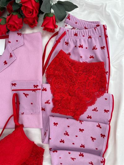 Pembe-Kırmızı Fiyonklu Dörtlü Waffle Pijama Seti 