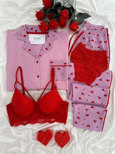 Pembe-Kırmızı Fiyonklu Dörtlü Waffle Pijama Seti 
