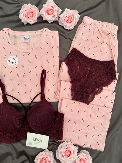 Pembe Lale Pamuklu Dörtlü Pijama Takımı