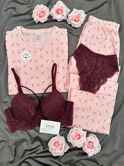 Pembe Lale Pamuklu Dörtlü Pijama Takımı